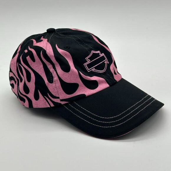 Y2K Pink Flame Harley Davidson Black Baseball Cap Hat Women's Glitter Adjustable - Picture 6 of 12